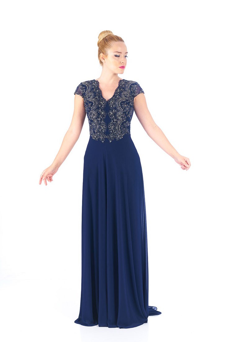 Robe de soirée bleue, longue avec dentelle