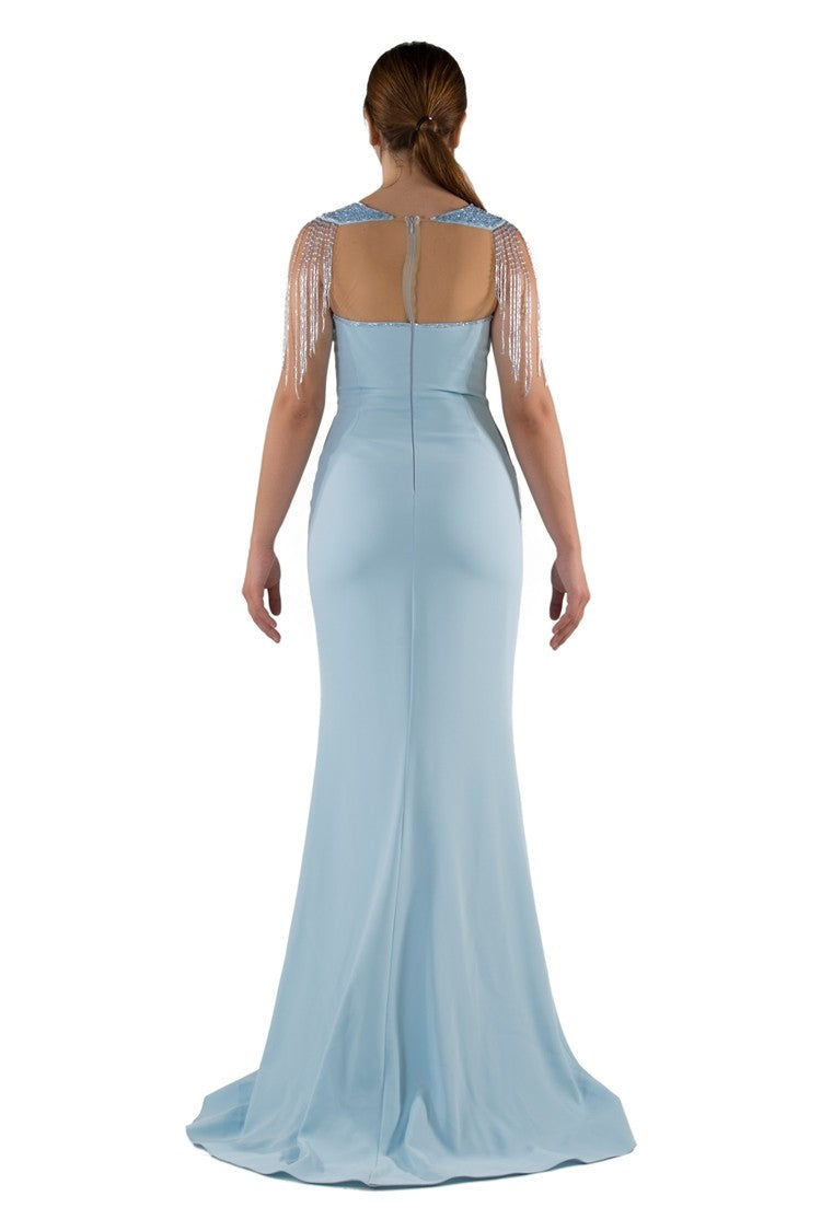 Robe de soirée épaules dénudées bleue