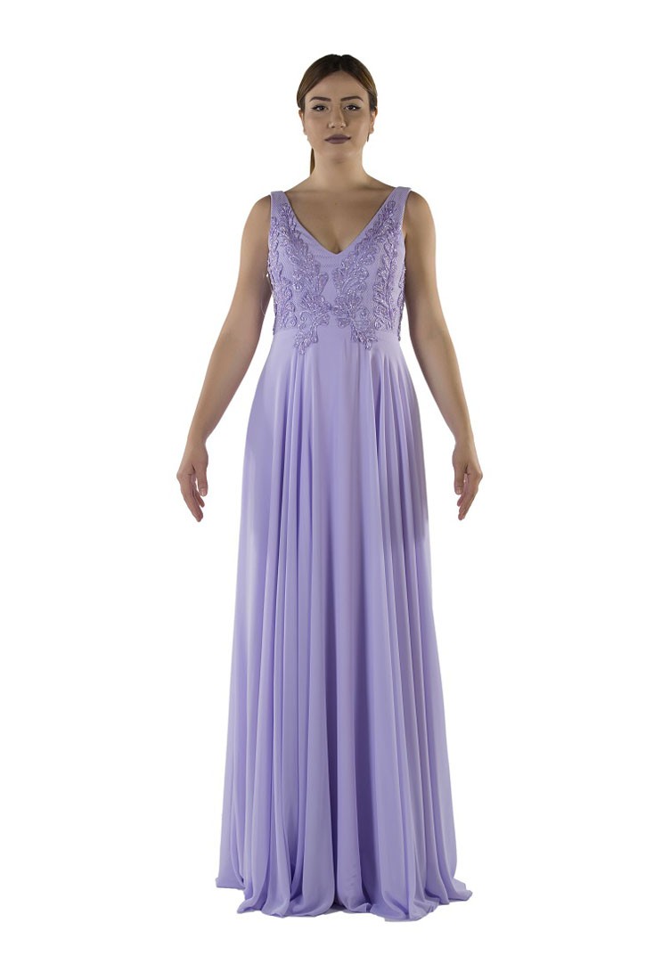 Robe de soirée longue plissée mauve clair