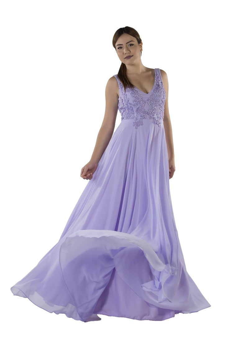 Robe de soirée longue plissée mauve clair